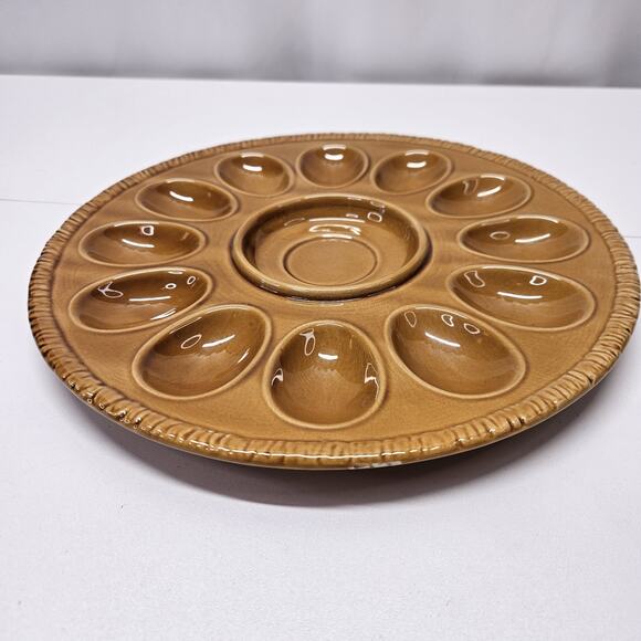 Vintage Retro Glazed Pottery Hazel Brown Deviled Egg Serving Platter - Picture 2 of 8